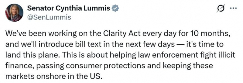 
			Законопроект Сената &laquo;CLARITY Act&raquo; готов к рассмотрению, текст законопроекта будет опубликован в ближайшие дни: сенатор Луммис		